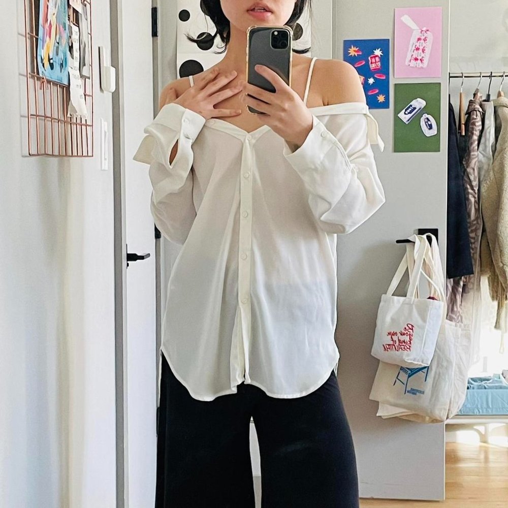Zara off-the-shoulder button-up blouse
